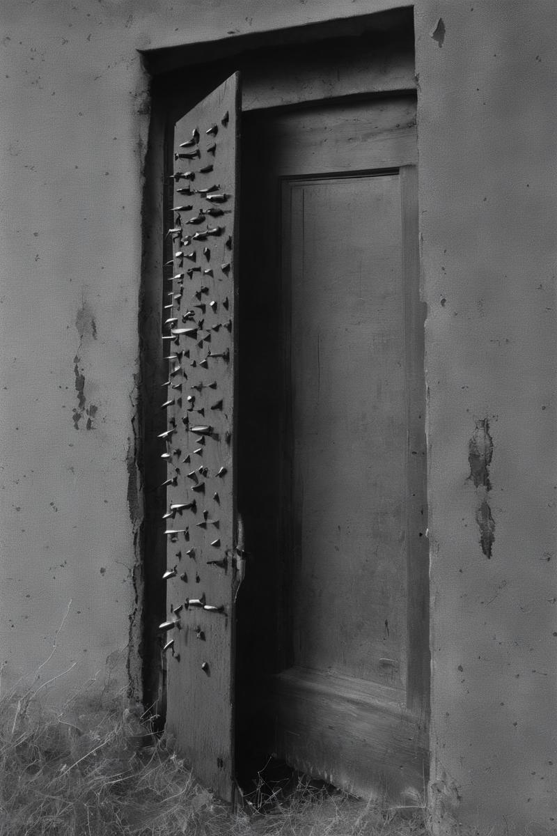 00067-253246769-_lora_Photographer Elena Helfrecht Style_1_Photographer Elena Helfrecht Style - a black and white photo of a door with nails sti.png